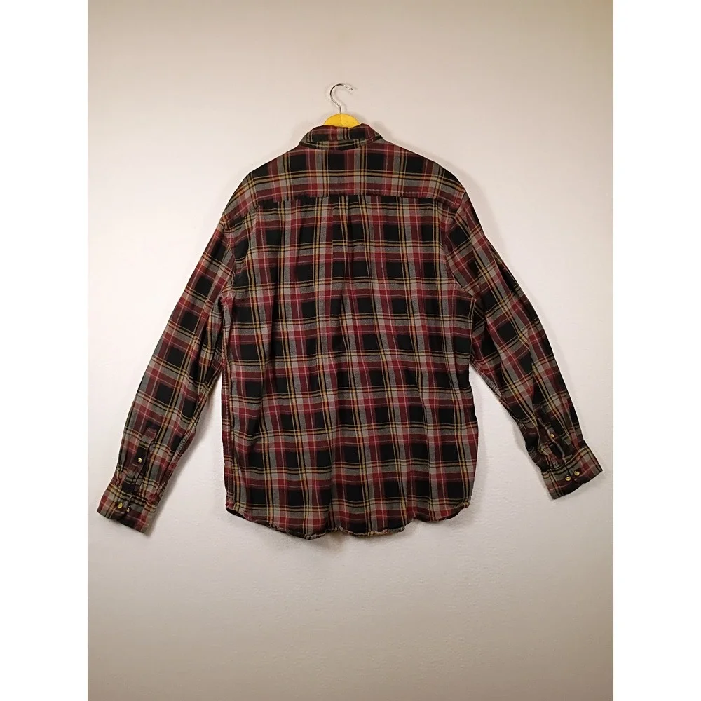 Rugged G.H. Bass Mens XL Burgundy Black Plaid Cotton Flannel Button Down Shirt